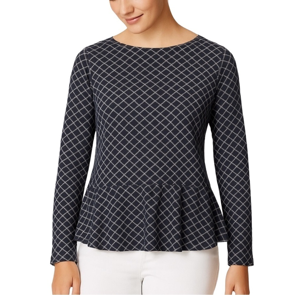 TALBOTS Peplum Long-sleeved Tee in Navy Crosshatch Print